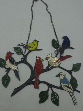 Six Birds  Stained Metal Window Hangings, Multicolor Bird On A Wire